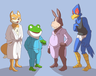 anthro barefoot bathrobe beak black_clothing black_shirt black_topwear blue_background blue_bottomwear blue_clothing blue_pants blue_shirt blue_topwear bottomwear briefs clothing elderly_male feathers feet fur group hand_on_hip male nightshirt open_mouth pajamas pants pattern_bottomwear pattern_clothing pattern_pants pattern_shirt pattern_topwear plantigrade purple_clothing purple_nightshirt robe shadow shirt simple_background smile striped_bottomwear striped_clothing striped_pants striped_shirt striped_topwear stripes tank_top teeth_showing tighty_whities toes tongue_showing topwear underwear white_briefs white_clothing white_robe white_underwear yellow_beak thegreatmatsutzu nintendo star_fox falco_lombardi fox_mccloud peppy_hare slippy_toad amphibian avian bird canid canine fox frog lagomorph leporid mammal rabbit 2017 digital_drawing_(artwork) digital_media_(artwork)