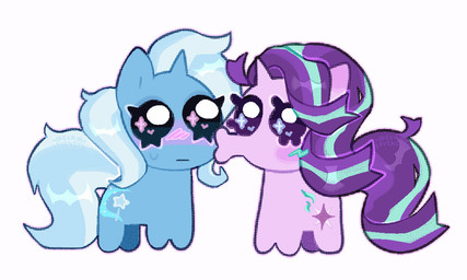 ambiguous_gender blush blush_lines chibi curled_tail curly_hair cutie_mark duo feral hair horn kissing tail unicorn_horn phannpy friendship_is_magic hasbro my_little_pony mythology starlight_glimmer_(mlp) tbh_(character) trixie_(mlp) equid equine horse mammal mythological_creature mythological_equine pony unicorn 5:3