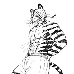 abs anthro biceps bodily_fluids bottomwear clothed clothing hands_behind_back looking_forward male muscular pecs shorts simple_background solo steam sweat text topless topless_anthro topless_male whiskers white_background dat_(artist) beastars bill_(beastars) bengal_tiger felid mammal pantherine tiger 1:1 2021 artist_name digital_media_(artwork) hi_res monochrome portrait sketch three-quarter_portrait