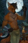 5_fingers abs anthro big_bulge black_hair bottomwear bulge candle clothed clothing confident eyebrows fingers food forest fruit full_moon fur green_eyes hair holding_melee_weapon holding_object holding_weapon holidays humanoid_hands jack-o'-lantern knife male male_anthro melee_weapon moon muscular muscular_anthro muscular_male night orange_body orange_fur pants plant pumpkin raised_eyebrow smile smirk smug_expression solo topless topless_anthro topless_male tree weapon levsha halloween canid canine fox mammal digital_media_(artwork)