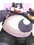 anthro belly big_belly blush boxer_briefs bulge clothed clothing cute_fangs eyes_closed fangs fur hat headgear headwear humanoid_hands kemono male moobs navel nipples open_clothing open_shirt open_topwear overweight overweight_anthro overweight_male purple_body purple_fur shirt simple_background solo teeth topwear underwear white_body white_fur bake_gosut lifewonders tokyo_afterschool_summoners alp_(tas) bear giant_panda mammal 2020 hi_res