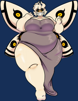 antennae_(anatomy) belly big_belly big_breasts black_sclera breasts cleavage clothed clothing dress eyebrows eyelashes fangs fat_arms feet female glistening glistening_body grey_clothing hair happy huge_belly looking_at_viewer noseless obese obese_female overweight overweight_female sharp_teeth simple_background smile solo teeth thick_arms thick_thighs tight_clothing transparent_background white_body white_hair wide_hips wings yellow_eyes springhell1201 nov_(noveuxa) arthropod humanoid insect lepidopteran moth alpha_channel hi_res
