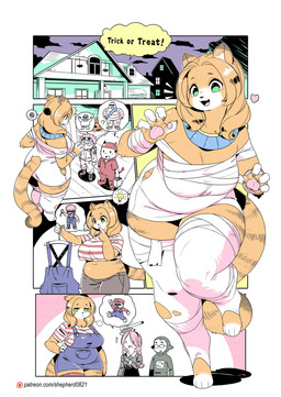 age_difference anthro bandage biped breasts building clothed clothing costume detailed_background eyelashes female front_view group halloween_costume holidays house larger_female male older_female open_mouth orange_body outside pupils size_difference smaller_male smile tail text thick_thighs three-quarter_view trick-or-treating younger_male shepherd0821 chucky_(series) ghostbusters halloween mario_bros michelin modern_mogal nintendo stay_puft bibendum chucky_(chucky_series) mario stay_puft_marshmallow_man domestic_cat felid feline felis human mammal 2025 comic hi_res url