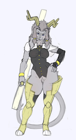 2_horns anthro antlers blue_eyes bottomless breasts closed_smile clothed clothing female front_view fur grey_body grey_fur grey_hair hair hand_on_hip hand_on_own_hip holding_melee_weapon holding_object holding_weapon horn looking_at_viewer medium_breasts melee_weapon mouth_closed partially_clothed slightly_chubby smile solo standing weapon dktorzi pseudoregalia sybil_(pseudoregalia) jackalope lagomorph mammal hi_res
