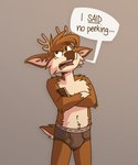 angry anthro antlers black_briefs black_clothing black_nose black_underwear briefs briefs_only brown_body brown_fur brown_hair bulge clothed clothing colored_briefs colored_underwear crossed_arms darwin_(tinydeerguy) deer embarrassed english_text fur grey_background grumpy hair hi_res horn male mammal open_mouth simple_background solo speech_bubble tan_body tan_fur teeth_showing text tinydeerguy tongue_showing topless underline underlined_text underwear underwear_only