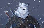 armor black_nose fur grey_background inner_ear_fluff jewelry leather leather_armor looking_aside male melee_weapon motion_blur necklace pendant rerebrace scar shoulder_armor simple_background snow solo spaulder straps sword sword_on_back tuft weapon white_body white_fur yellow_eyes ixkouu the_witcher geralt_of_rivia canid canine canis mammal wolf 2020 digital_media_(artwork)