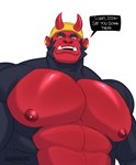 abs anthro areola asian_mythology barazoku beanie big_pecs black_body black_fur buzzy buzzybub clothing demon dialogue east_asian_mythology facial_hair fangs fur haplorhine hat headgear headwear hi_res horn huge_pecs japanese_mythology looking_at_viewer looking_down looking_down_at_viewer male mammal monkey muscular muscular_male mythology navel nipples oni pecs pecs_focus primate red_body red_fur sideburns solo teeth yokai