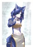 anthro bandeau blue_body blue_fur breasts clothing female fur green_eyes inviting jewelry kemono looking_at_viewer small_breasts solo topwear namagakiokami nintendo star_fox krystal_(star_fox) canid canine fox mammal hi_res