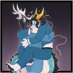 accessory anthro antlers black_body black_fur black_hair black_pawpads black_whiskers blue_blush blue_body blue_bottomwear blue_clothing blue_headband blue_pants blue_scales blue_suit blush bottomwear carrying_another carrying_partner clothing duo eyes_closed fur gold_antlers gradient_background hair headband heart_symbol horn hug long_tail male male/male multicolored_body multicolored_scales pants pawpads scales simple_background suit tail two_tone_body two_tone_scales whiskers white_antlers white_body white_scales sinnple mythology dean_(sinnple) lang_(sinnple) deer dragon eastern_dragon mammal mythological_creature mythological_scalie scalie 2023 english_description hi_res watermark