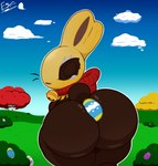 ambiguous_gender anthro bell bell_collar big_butt brown_body butt candy chocolate collar dessert easter_egg food holidays outside presenting presenting_hindquarters solo standing electricsnowfox easter food_creature lagomorph leporid mammal rabbit hi_res