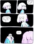 aftertale ambiguous_gender animated_skeleton black_background bone chara_(undertale) clothing coat comic dialogue english_text frisk_(undertale) human loverofpiggies mammal not_furry sans_(undertale) scarf simple_background skeleton text topwear undead undertale undertale_(series)