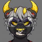 ambiguous_gender anthro black_body black_fur ear_piercing eyewear facial_piercing fur glasses grey_body grey_fur grey_hair hair nose_piercing orange_sclera piercing solo teeth yellow_nose tabris ket antelope bovid felid feline hybrid mammal 1:1 icon low_res