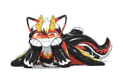 2_horns :3 anthro biped black_body black_fur feathered_wings feathers fur horn kemono latex_body looking_at_viewer lying male on_front orange_body orange_eyes orange_fur solo white_body white_fur wings yellow_body yellow_fur karbine_e8 mythology dragon eastern_dragon mythological_creature mythological_scalie scalie 2023 hi_res