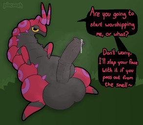 animal_genitalia animal_penis balls big_balls big_penis bodily_fluids dialogue dirty_talk equine_genitalia equine_penis feral genital_fluids genitals half-erect leaking_precum looking_at_viewer lying male medial_ring musk musky_penis on_back penis precum presenting presenting_penis quadruped requesting smelly solo speech_bubble talking_to_viewer text yellow_sclera pincoosh nintendo pokemon arthropod generation_5_pokemon pokemon_(species) scolipede digital_media_(artwork) english_text hi_res signature