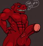 anthro balls big_balls big_penis blue_eyes dialogue erection genitals huge_balls huge_penis humanoid_genitalia humanoid_penis male muscular muscular_anthro muscular_male penis red_body red_skin solo text vein evergreenplate crimson dinosaur prehistoric_species reptile scalie theropod tyrannosaurid tyrannosauroid tyrannosaurus tyrannosaurus_rex english_text