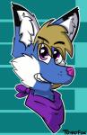 black_hair blue_body blue_fur brown_body brown_fur brown_hair brows chest_tuft clothing fur hair kerchief male markings multicolored_body multicolored_fur pink_nose purple_eyes simple_background smile solo tuft white_body white_fur tomofox benji_silver canid canine fox mammal 2018 digital_media_(artwork) hi_res