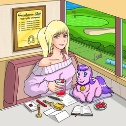 ambiguous_feral ambiguous_gender beverage blonde_hair blue_eyes brown_eyes cherry clothing collar drinking_straw duo envelope exposed_shoulder eyelashes female female_human feral flag flag_(object) food fountain_pen fruit fur furniture golf_course hair holding_beverage holding_glass holding_object holding_soda hooves inside light_body light_skin lips looking_aside looking_at_viewer mouth_closed notebook on_table open_mouth paper pink_body pink_clothing pink_fur pink_lips pink_sweater pink_topwear plant purple_collar purple_hair purple_tail sitting sitting_on_table smile stamp sweater table tail topwear window young young_ambiguous young_feral zippo_lighter carpdime fluffy_pony fluffy_pony_(species) human mammal hi_res