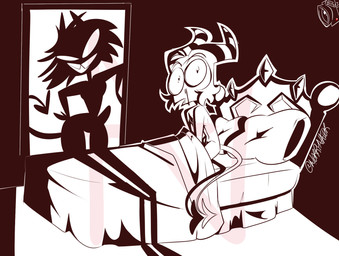 bed bedding big_eyes blanket blood bodily_fluids camera canon_couple dildo dominant dominant_female doorway duo female furniture grin hair heart_eyes heart_symbol horn imminent_anal imminent_pegging imminent_sex inside looking_at_another male male/female nosebleed not_furry nude on_bed open_mouth pillow pose presenting recording security security_camera sex_toy shadow shocked simple_background sitting smile standing strapon stripes submissive submissive_male teeth tooth_gap video_camera wide_eyed norrynator hellaverse helluva_boss millie_(helluva_boss) moxxie_(helluva_boss) demon humanoid imp black_and_white hi_res monochrome