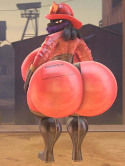 anthro armor big_breasts big_butt body_writing breasts butt clothing female firefighter_helmet fur gloves handwear headgear helmet huge_breasts huge_butt hyper hyper_breasts hyper_butt latex latex_clothing lips looking_at_own_butt looking_at_viewer purple_body purple_fur red_eyes solo thick_lips thick_thighs wide_hips writing_on_butt bimbomorph_(artist) nintendo pokemon team_fortress_2 valve alex_asora pyro_(team_fortress_2) canid canine generation_4_pokemon lucario mammal pokemon_(species) 3d_(artwork) digital_media_(artwork) hi_res