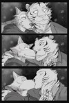 absurd_res anthro beastars bengal_tiger bill_(beastars) burrserk canid canine canis clothing duo eye_contact felid hi_res kissing legoshi_(beastars) looking_at_another male male/male mammal monochrome outside pantherine romantic romantic_ambiance romantic_couple snow snowing tiger wolf