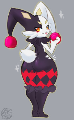 ambiguous_gender anthro black_body black_nose blep butt grey_background jester looking_at_viewer looking_back looking_back_at_viewer markings multicolored_body red_markings short_tail simple_background smile smiling_at_viewer solo standing tail thick_thighs tongue tongue_out white_body wide_hips yellow_eyes yellow_markings l4dy_stardust palworld pocketpair dupin_(pal) lagomorph leporid mammal pal_(species) rabbit absurd_res hi_res