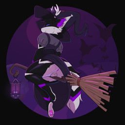 anthro antlers anus ball_tuft balls black_body black_fur blue_eyes broom broom_riding butt cleaning_tool clothing feet fluffy fluffy_tail fur genitals hat headgear headwear hindpaw horn inner_ear_fluff lamp lantern looking_at_viewer looking_back male markings pawpads paws pink_anus pink_paws purple_background purple_eyes simple_background smile solo striped_body striped_fur striped_markings striped_tail stripes tail tail_markings tuft white_body white_fur witch_hat chuwuvy kosma_(kosma-naut) ambient_bat bat hybrid mammal procyonid raccoon