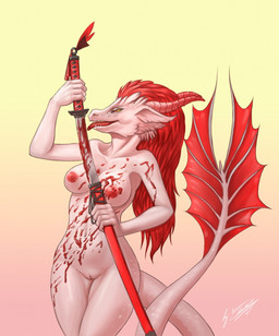 anthro areola blood blood_on_belly blood_on_breast blood_on_object blood_on_tongue blood_on_weapon blood_splatter bodily_fluids breasts female fingers genitals hair holding_katana holding_melee_weapon holding_object holding_sword holding_weapon katana licking_blood licking_weapon melee_weapon nipples nude open_mouth red_eyes simple_background solo standing sword tail teeth tongue tongue_out vulva weapon conquistabear mythology dragon mythological_creature mythological_scalie scalie digital_media_(artwork) hi_res