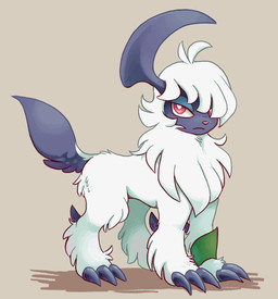 3_toes ahoge ambiguous_gender bangs blue_body blue_eyelids blue_fur brown_background butt_tuft claws feet feral frown fur hair hair_over_eye horn leaf_clothing leg_tuft mane pink_nose quadruped red_eyes shadow simple_background solo standing tail tail_tuft toe_claws toes tuft shellyochunks nintendo pokemon tales_of_tabira prier_(tales_of_tabira) absol generation_3_pokemon pokemon_(species) 2015 male_(lore) young_(lore)