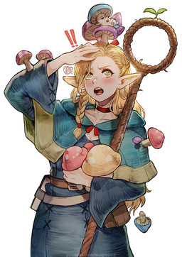 accessory annoyed arms_bent bag belt belt_buckle biped blonde_hair blue_clothing blue_dress blush braided_hair breasts buckle capelet choker clothed clothing collarbone dress exclamation_point falling_object female front_view fungus green_eyes grimoire hair hair_accessory hair_ribbon hand_on_hair holding_mushroom holding_object humanoid_pointy_ears jewelry light_body light_skin long_hair mushroom necklace pointy_ears pose raised_arm red_ribbon ribbons simple_background solo sprout_(plant) staff standing stitch_(sewing) straight_hair teal_capelet teal_clothing teeth tongue white_background magion02 delicious_in_dungeon marcille_donato elf humanoid 2024 colored digital_drawing_(artwork) digital_media_(artwork) hatching_(art) hi_res portrait shaded signature three-quarter_portrait watermark