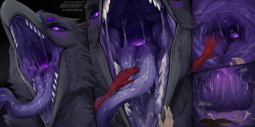 ambiguous_form ambiguous_gender ambiguous_pred ambiguous_prey beak bodily_fluids bone duo feathers first_person_view front_view grey_beak grey_body grey_feathers internal looking_at_viewer markings mouth_shot open_mouth oral_vore prey_pov purple_eyes purple_markings saliva saliva_on_tongue saliva_string simple_background solo_focus text tongue tongue_out vore santanahoffman quill_colack avian artist_name hi_res