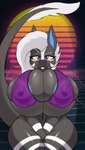 anthro areola areola_outline areola_slip big_breasts blue_areola bottomless breasts clothed clothing covering covering_crotch female hair huge_breasts lidded_eyes looking_at_viewer nipple_outline purple_clothing purple_eyes sharp_teeth solo striped_body stripes synthwave tail teeth white_hair wide_hips yellow_sclera seiiartworks out-of-placers vee_(veedway) mammal yinglet absurd_res digital_media_(artwork) hi_res