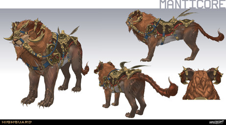 2_horns ambiguous_feral ambiguous_gender belly black_nose brown_body brown_fur brown_tail claws company_name curled_horn feral fur gradient_background grey_belly grey_teeth gums horn horn_jewelry jewelry light mane multicolored_body multicolored_fur orange_eyes orange_mane paws pink_gums quadruped red_horn reins saddle sharp_teeth simple_background solo standing stinger tail teeth text toe_claws turnaround nicholas_patrick_kelana highguard_(game) iranian_mythology middle_eastern_mythology mythology felid mammal manticore 2026 absurd_res colored concept_art digital_drawing_(artwork) digital_media_(artwork) english_description english_text hi_res lighting official_art shaded