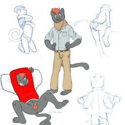 anthro beanie belt black_body black_fur blush bottomless bottomwear brown_eyes claws clothed clothing collared_shirt dress_shirt ear_piercing eyebrows finger_claws flesh_tunnel fur gauged_ear hair hat headgear headwear jacket lying male on_back one_eye_closed open_clothing open_jacket open_topwear pants pawpads piercing red_hair scarf shirt simple_background smile solo tail toe_claws topwear underwear underwear_only whisker_spots wink p_rindustries gale_(p_rindustries) felid mammal pantherine 1:1 2014 guide_lines hi_res sketch