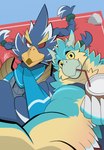 anthro beak beverage blue_body blue_feathers braided_hair drinking duo feathers green_eyes hair holding_beverage holding_object horn looking_at_viewer male one_eye_closed scarf selfie smile winged_arms wings wink hikazedragon breath_of_the_wild nintendo the_legend_of_zelda revali avian bird rito absurd_res hi_res