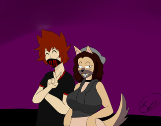 ambiguous_gender anthro big_breasts black_clothing black_hoodie black_shirt black_t-shirt black_topwear breasts brown_hair clothed clothed_anthro clothed_female clothed_human clothing crop_hoodie duo eyes_closed female fur gesture gold_(metal) gold_tooth grin hair hand_gesture hoodie mask red_hair sharp_teeth shirt smile t-shirt tail tan_body tan_fur teeth topwear v_sign redacteddeadlinex hypebae_(jinu) canid canine canis domestic_dog german_shepherd herding_dog human mammal pastoral_dog absurd_res digital_drawing_(artwork) digital_media_(artwork) english_description hi_res signature