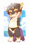 anthro black_body black_fur blush blush_lines bulge fluffy fur gloves_(marking) hands_behind_back kemono leg_markings looking_away male markings neck_tuft nipples open_mouth paddleboard red_eyes sea shota socks_(marking) solo tuft water white_body white_fur yellow_body yellow_fur young young_anthro mabo_(artist) canid canine canis domestic_dog mammal 2017