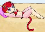 4_toes anthro armor barefoot bikini biped blue_eyes breasts clothed clothing feet female hands_behind_head headgear helmet lying on_back side_view skimpy solo swimwear tail toes two-piece_swimsuit shep samurai_pizza_cats polly_esther domestic_cat felid feline felis mammal warm_colors