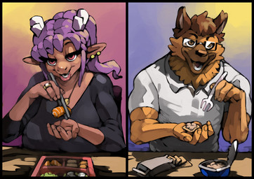 anthro black_border black_nose border breasts brown_body brown_fur brown_hair canned_food chopsticks clothed clothed_anthro clothed_female clothed_male clothing collared_shirt cracker cutlery duo eyewear female food fork fur glasses green_body green_scales hair kitchen_utensils lips male open_mouth open_smile purple_hair scales shirt smile sushi thick_bottom_lip tools topwear tuna_(food) tuna_can wearing_glasses bittenhard mythology mango_(bittenhard) victor_(wsad) canid canine canis domestic_dog dragon eastern_dragon german_shepherd herding_dog mammal mythological_creature mythological_scalie pastoral_dog scalie