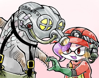anthro armor blush clothing collaborative collaborative_gesture collaborative_heart_gesture duo fin gesture gloves handwear headgear heart_gesture helmet humor jumpsuit mask suspenders uroco_spl nintendo splatoon animal_humanoid aquatic aquatic_humanoid cephalopod cephalopod_humanoid fish flipper_flopper_(splatoon) humanoid inkling mollusk mollusk_humanoid salmonid_(splatoon) hi_res