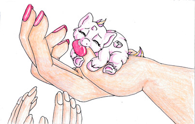 1_horn 5_fingers baby bodily_fluids colored_nails disembodied_hand eyelashes eyes_closed female female_feral feral fingers fur hooves horn nails pink_body pink_fur pink_nails saliva simple_background size_difference solo_focus sucking thumb_suck white_background wings young young_female young_feral aiasatsana fluffy_pony mythology equid equine fluffy_pony_(species) human mammal mythological_creature mythological_equine winged_unicorn 2024 hi_res shaded traditional_media_(artwork)