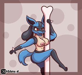 anthro areola big_breasts black_body blue_body bone breasts dancing ears_up female fur gloves_(marking) leg_markings markings nipples nude pink_areola pink_nipples pokemorph pole pole_dancing red_eyes simple_background socks_(marking) solo stripper_pole tail thick_thighs wide_hips goombato_dibujos nintendo pokemon generation_4_pokemon lucario pokemon_(species) hi_res