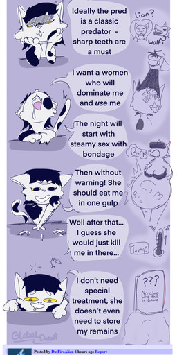 anthro belly bodily_fluids breasts censored_face comment confusion death dialogue digestion female female/female fur hair holding_hair imagination looking_at_viewer nervous nervous_smile nervous_sweat open_mouth oral_vore pulling_hair scientific_instrument simple_background size_difference solo sweat tail talking_to_viewer text thermometer tombstone touching_hair vore yelling globaldonut34 gd_(globaldonut34) sue_(globaldonut34) felid feline mammal absurd_res comment_chain digital_media_(artwork) english_text hi_res