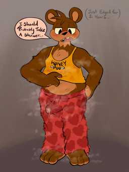 anthro blush bodily_fluids breath brown_body brown_fur bulge butt clothing cum cum_in_clothing dialogue edging edging_timer fur genital_fluids genitals heart_symbol male musk musk_cloud musky_armpit musky_body musky_butt musky_feet musky_penis overweight overweight_anthro overweight_male pajama_pants panting simple_background simple_coloring solo speech_bubble sweat sweaty_butt sweaty_genitalia tenting text toony pipsy_mouse archie_the_bear bear mammal absurd_res english_text hi_res