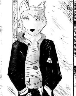 anthro comic_panel male solo sebastian_the_synth dorohedoro shin_(dorohedoro) canid canine mammal black_and_white hi_res monochrome