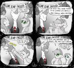 2015 apple_fritters applejack_(mlp) balloon banner blue_eyes clothing comic cowboy_hat creepypasta earth_pony english_text equid equine female feral fluttershy_(mlp) food friendship_is_magic green_eyes greyscale hair hasbro hat headgear headwear horse inflatable male mammal monochrome my_little_pony mythological_creature mythological_equine mythology omny87 pegasus ponification pony simple_background slenderman suit text wings