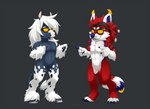 4_toes 5_fingers anthro duo eyewear feet fingers fur glasses hair hooves male nude red_body red_fur smile standing toes white_hair lapres 2021 digital_media_(artwork)