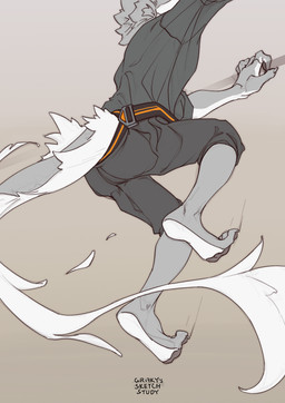 anthro belt bottomwear climbing clothing faceless_anthro faceless_character faceless_male fur furgonomics gradient_background grey_body grey_fur male pants pawpads paws shirt side_view simple_background solo tan_background topwear white_body white_fur grovintime mythology dragon furred_dragon furred_scalie mythological_creature mythological_scalie scalie hi_res