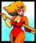 black_border blonde_hair border breasts cleavage clothed clothing colored_nails facial_markings female gradient_background hair head_markings humanoid_pointy_ears leotard lipstick makeup markings nails pointy_ears pole pupils red_eyes red_lipstick simple_background slit_pupils solo tan_body roboticsteve thundercats thundercats_1985 cheetara animal_humanoid felid felid_humanoid feline feline_humanoid humanoid mammal mammal_humanoid digital_drawing_(artwork) digital_media_(artwork) hi_res