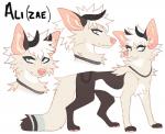 2018 alizae_(maplespyder) ambiguous_gender blue_eyes canid canine character_name digital_media_(artwork) feral fox fur horn hybrid mammal maplespyder model_sheet paws quadruped simple_background solo standing text white_background