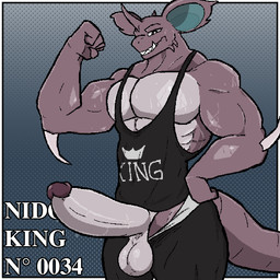 anthro athletic_wear balls biceps big_penis black_bottomwear black_clothing black_topwear bodily_fluids bottomwear clothing erection flexing flexing_bicep genital_fluids genitals glans hand_on_hip horn huge_penis looking_at_viewer male muscular muscular_male pecs penis purple_body revealing_tank_top shorts simple_background smile solo sweat tail teeth text topwear dugdog nintendo pokemon generation_1_pokemon nidoking pokemon_(species) 1:1 digital_media_(artwork)